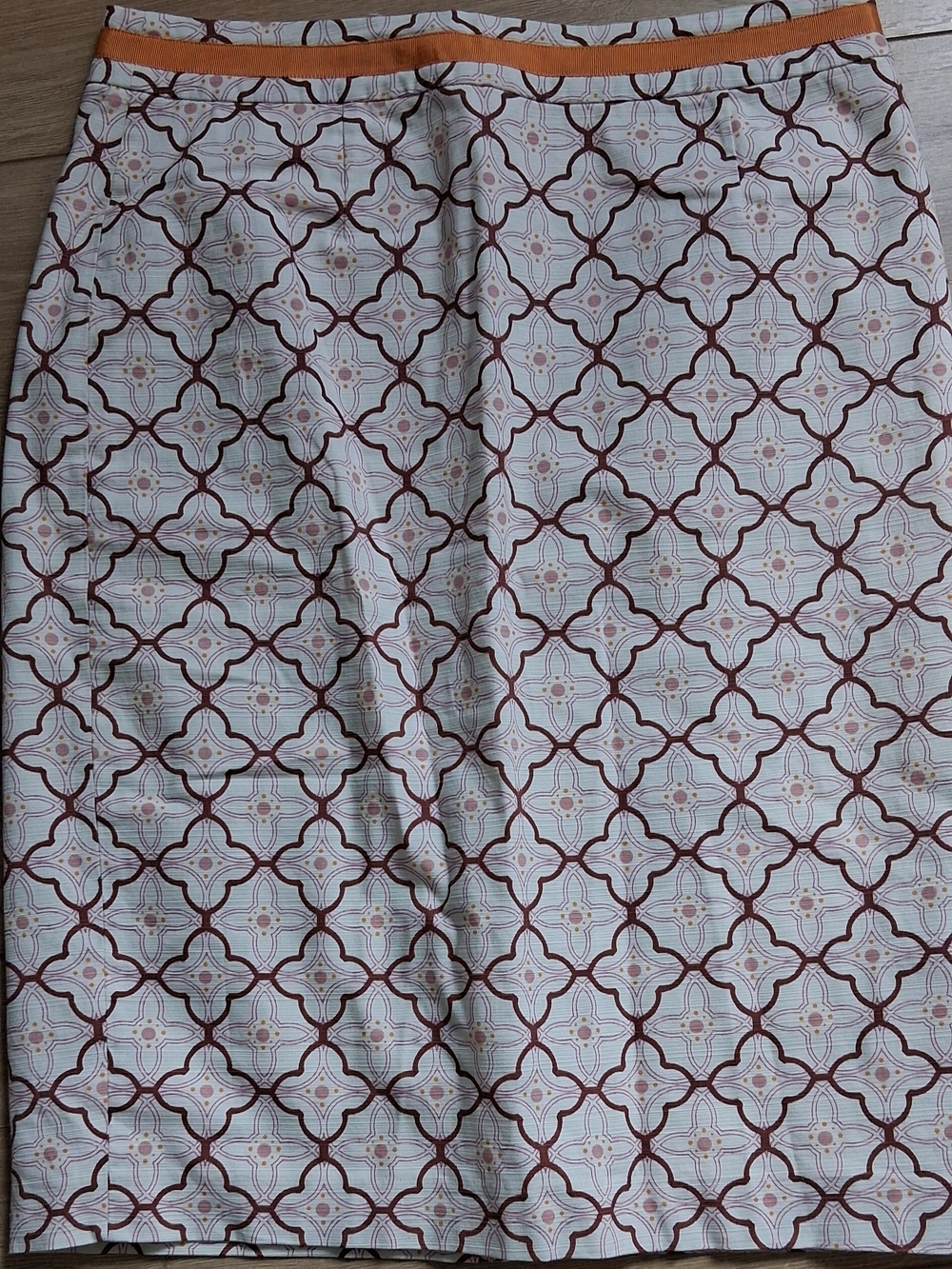 Boden White Pencil Skirt with Brown and Pink Floral Print and Orange Trim